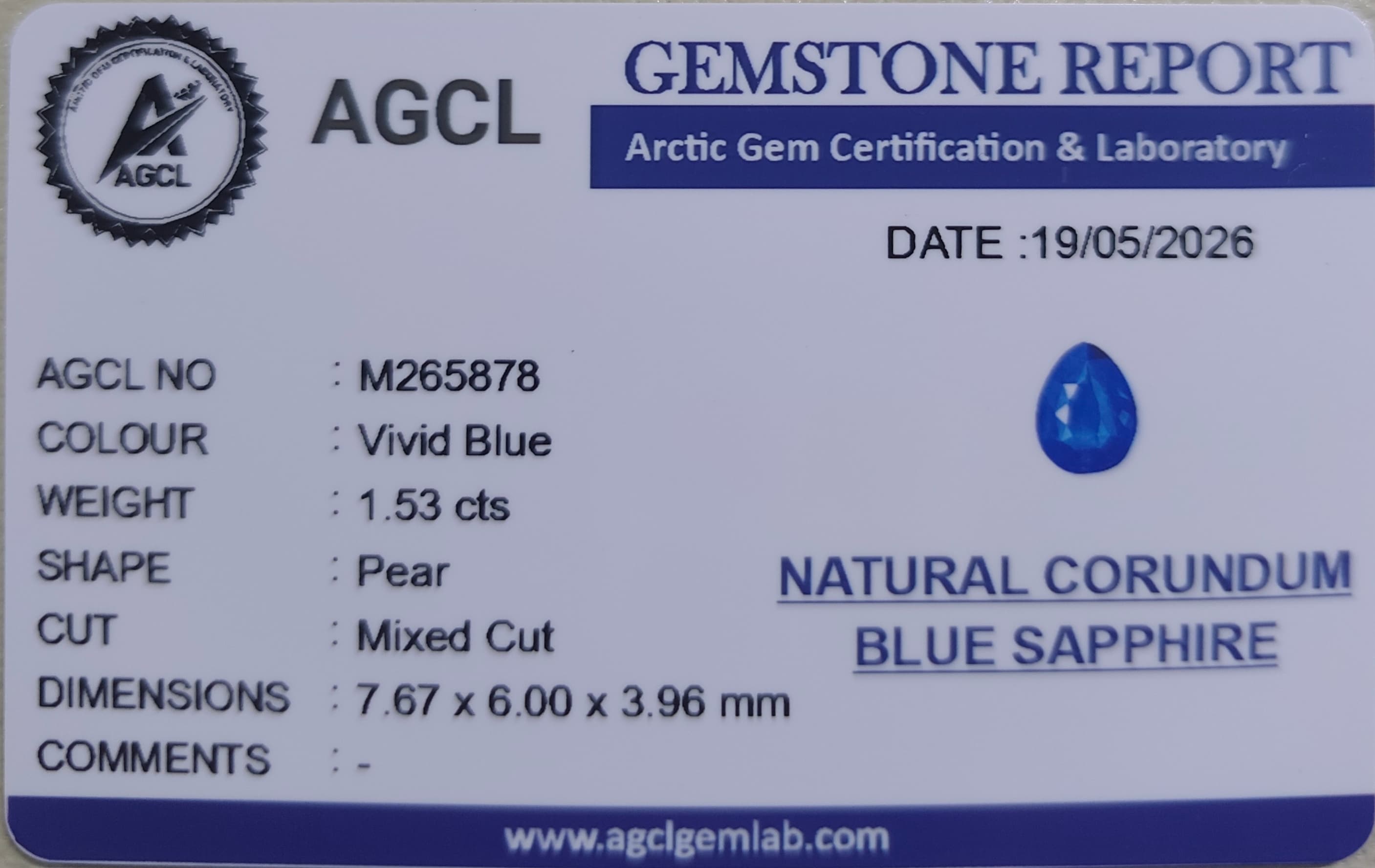 Gem certificate 1 for Natural corundum blue sapphire
