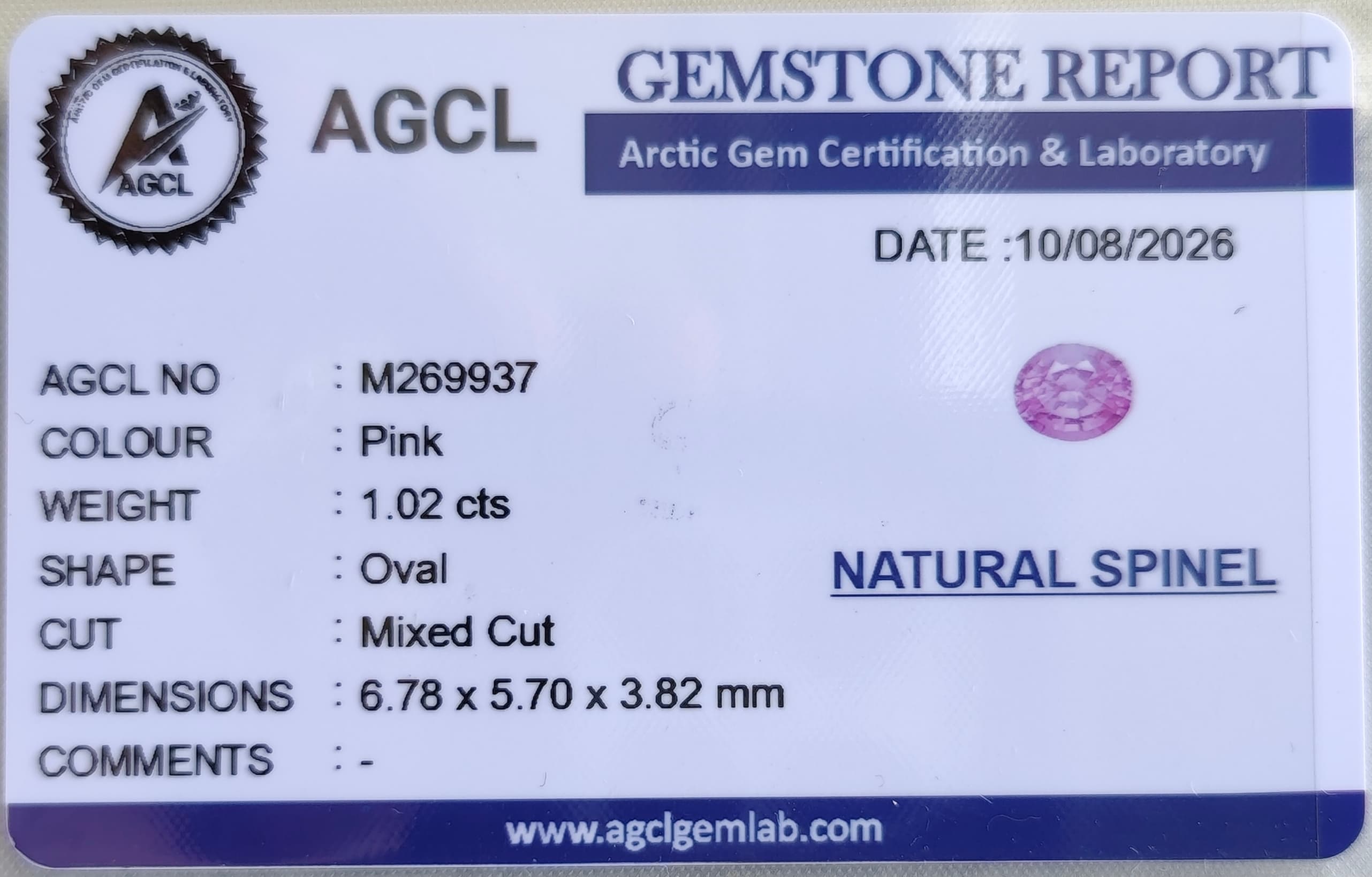 Gem certificate 1 for Natural Spinel 1.02ct