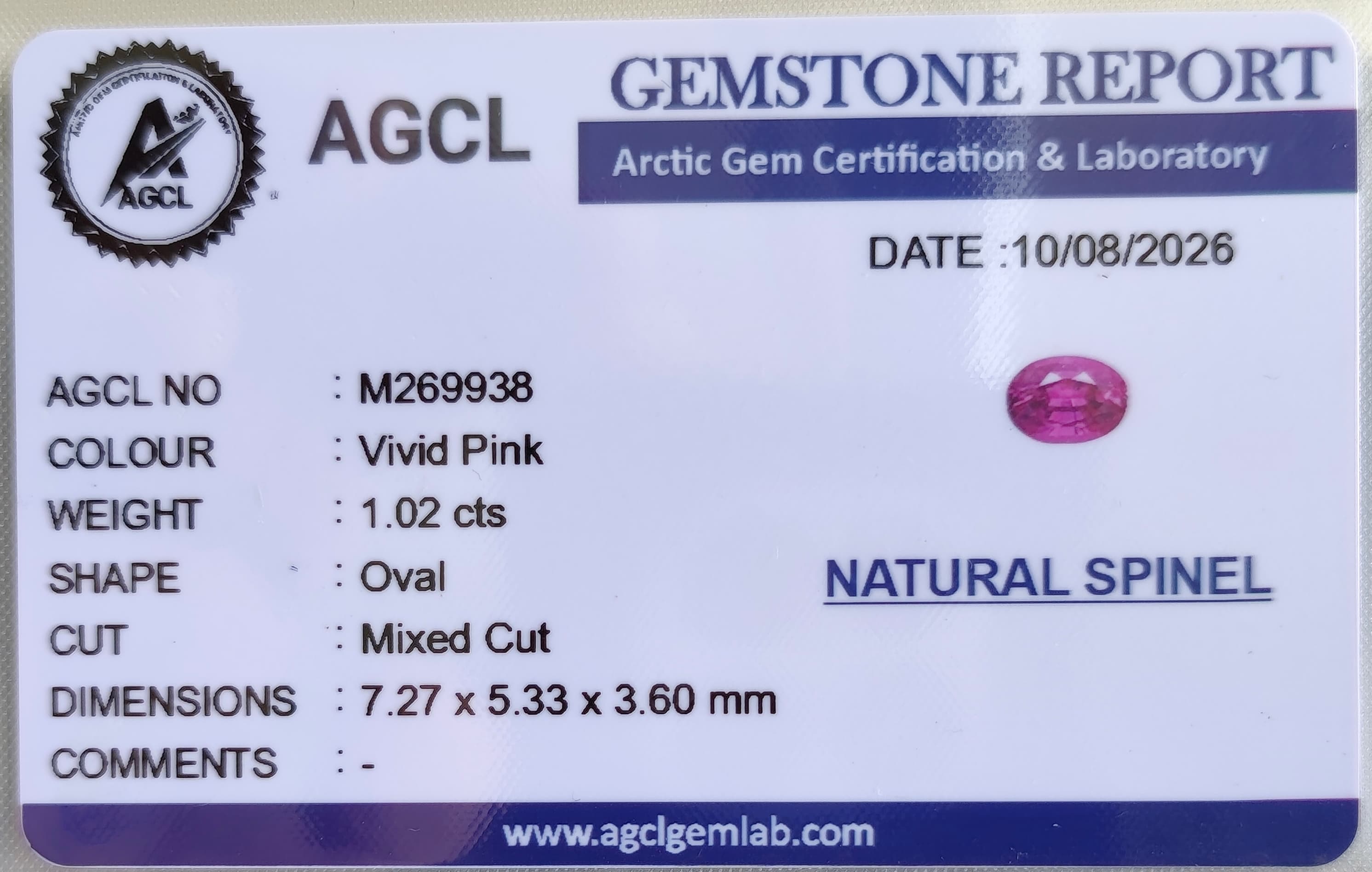 Gem certificate 1 for Natural Spinel